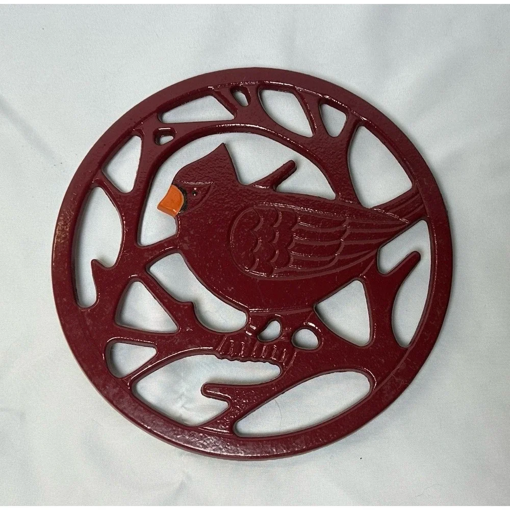 Yuletide Cardinal Bird Trivet Red Enamel Heavy Duty Cast Iron 8